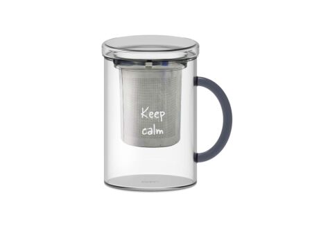 Theeglas Keep Calm 42cl - glas & RVS - transparant & blauw