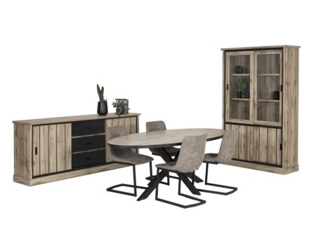 Eetkamer Elena met 4 stoelen cloud - tafel 220x110cm - vitrinekast 126cm - dressoir 225cm