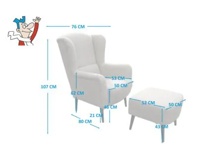 Oorfauteuil en poef Canto 76x80x107cm - stof - natuur