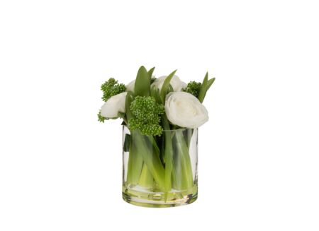 Ranonkel in Vaas H22cm - kunststof & glas - wit/groen