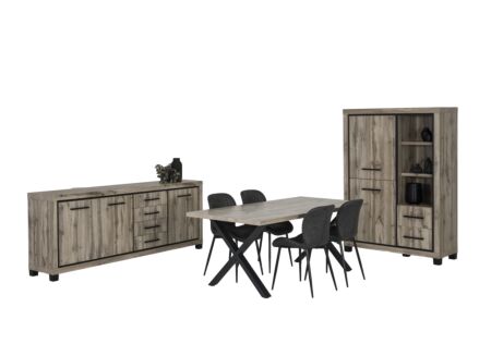 Eetkamer Elegance met 4 stoelen - tafel 190cm - barkast 114cm - dressoir 225cm