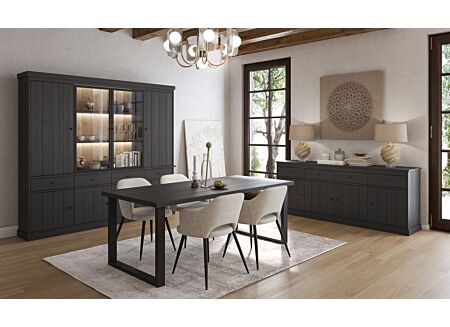 Eetkamer Valencia met 4 stoelen Walter - tafel 210x98cm  - vitrinekast 240cm - dressoir 225cm