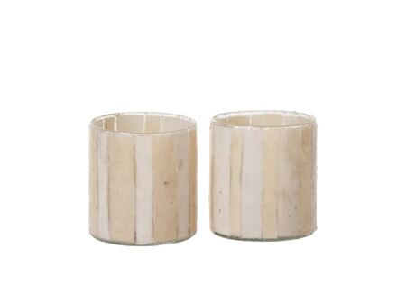Theelichthouder Cilinder Gestreept Ø8x9cm - glas - ecru & beige set van 2