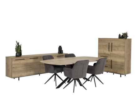 Eetkamer Borgia met 4 stoelen Bonzo - tafel 220x120cm - dressoir 243cm - wandmeubel 120cm