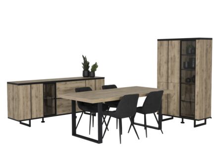 Eetkamer Samson met 4 stoelen Driss - tafel 200x100cm - dressoir 220cm - barkast 100cm