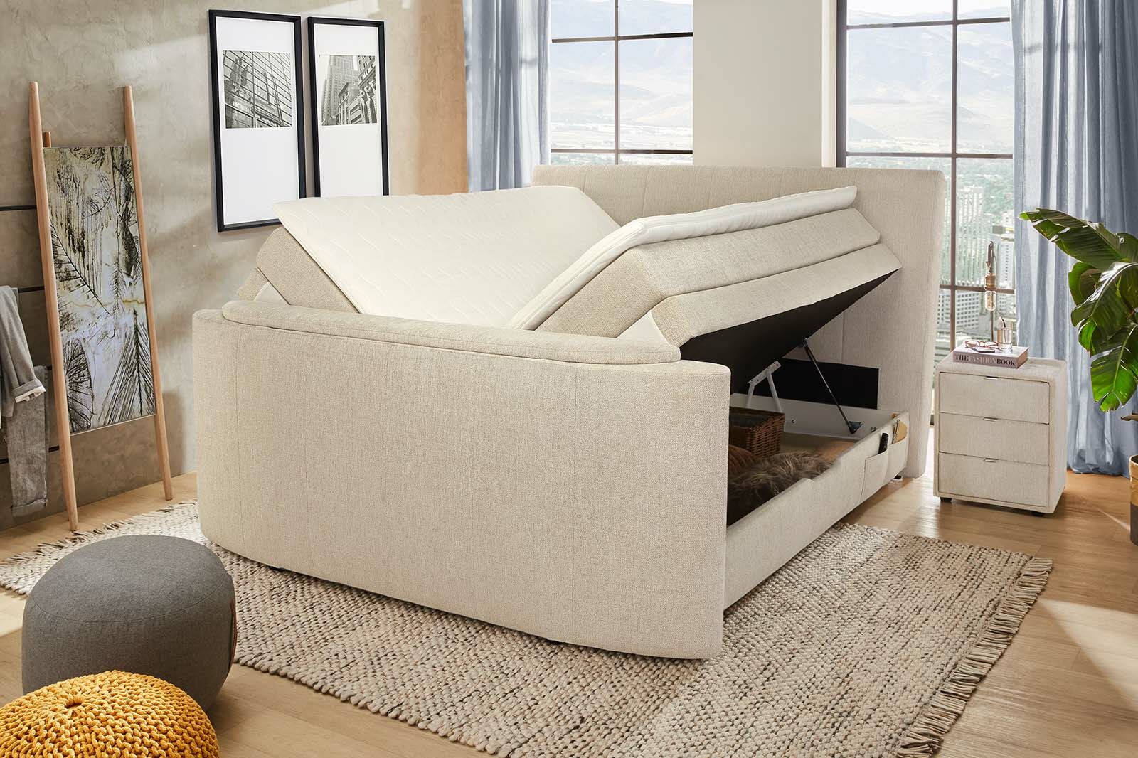 Boxspring Belair Mix 180x200cm met tvlift en opbergruimte stof beige