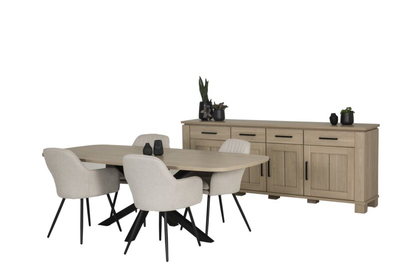 Eetkamer Alba met 4 stoelen Casimir - tafel 225x100cm - dressoir 233cm