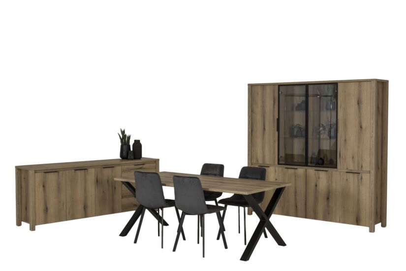 Eetkamer Bordo met 4 stoelen Runner - tafel 200x95cm - dressoir 217cm - barkast 197cm