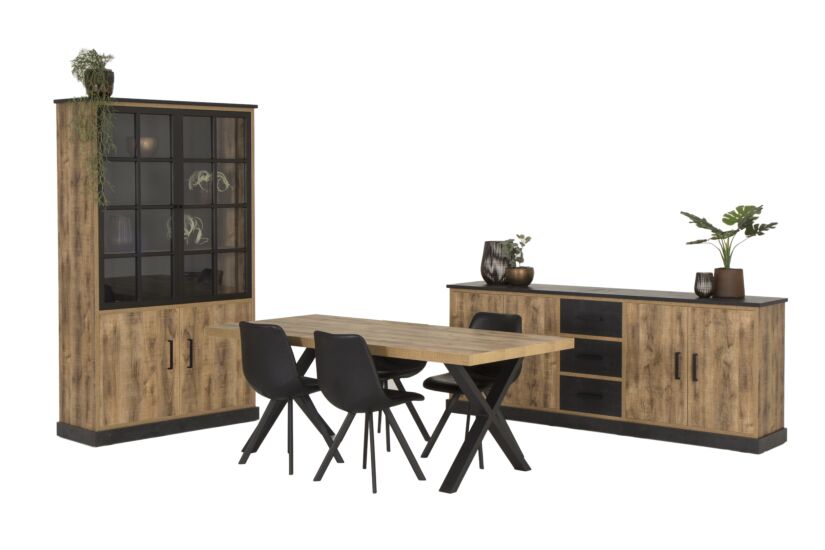 Eetkamer met 4 stoelen Frantz - tafel 200x100 - dressoir 226cm - vitrinekast 120cm