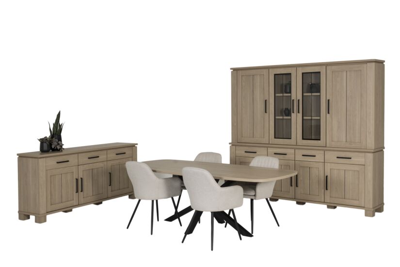 Eetkamer Alba met 4 stoelen Casimir - tafel 225x100cm - dressoir 199cm & dressoir 233cm met opzetstuk