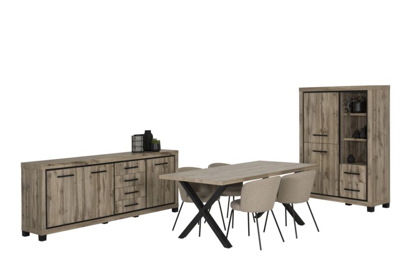 Eetkamer Elegance met 4 stoelen Pallada - tafel 220x95cm - dressoir 225cm - barkast 114cm