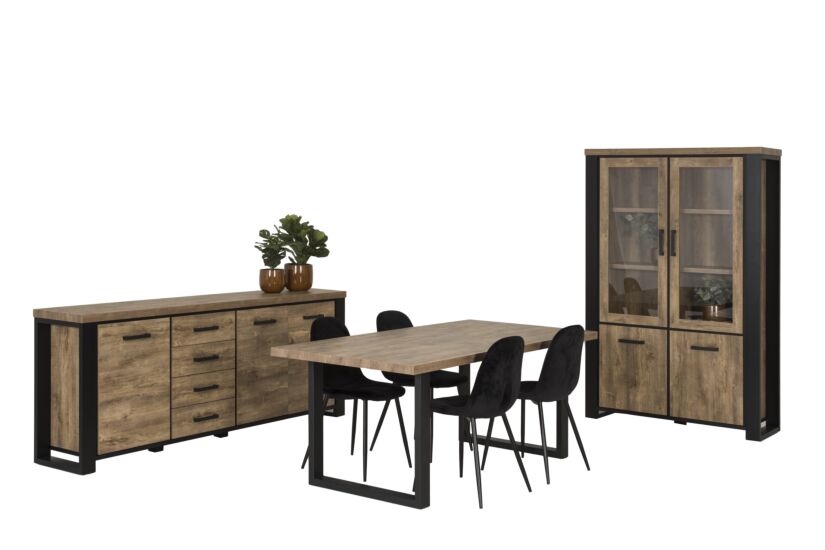 Eetkamer Estrella met 4 stoelen Charlton - tafel 190x95cm - dressoir 225cm - vitrinekast 126cm