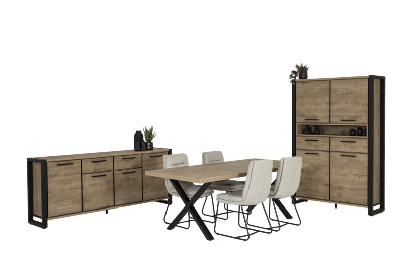 Eetkamer Cronos decor eik met 4 stoelen Crux - tafel 210x100cm - dressoir 218cm - kast 130cm