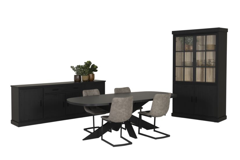 Eetkamer Raphael met 4 stoelen Cloud - tafel 230x119cm - dressoir 240cm - vitrinekast 122cm
