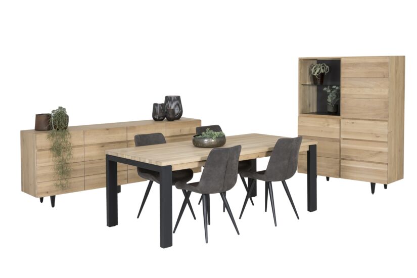 Eetkamer Palacio eik massief, met 4 stoelen Fuel - tafel 200x100cm - dressoir 225cm - barkast 125cm