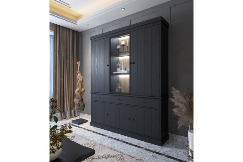 Vitrinekast Valencia 182cm - decor - zwarte eik