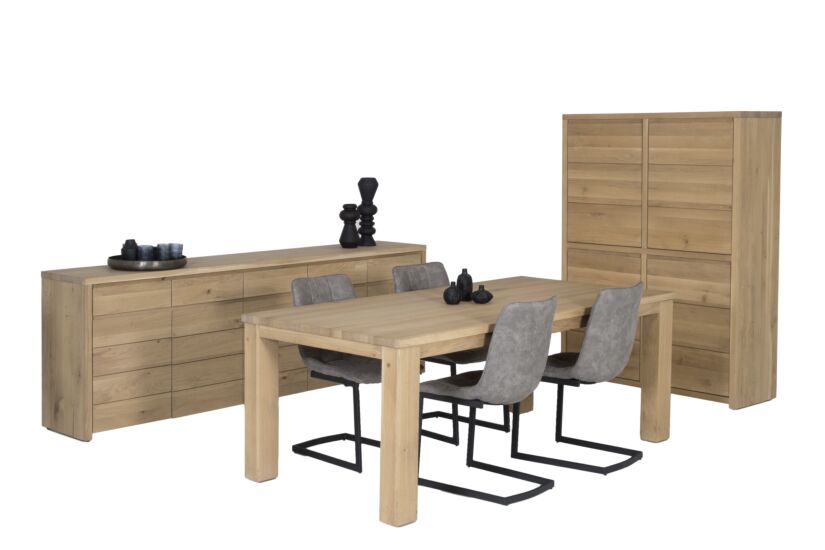 Eetkamer Amarillo eik massief, met 4 stoelen Cloud - tafel 180x90cm - dressoir 225cm - barkast 125cm