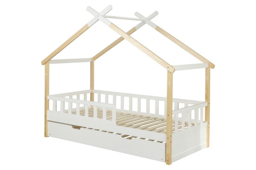 Huisbed Guinevere 90x200cm - den massief - naturel & wit met bedlade