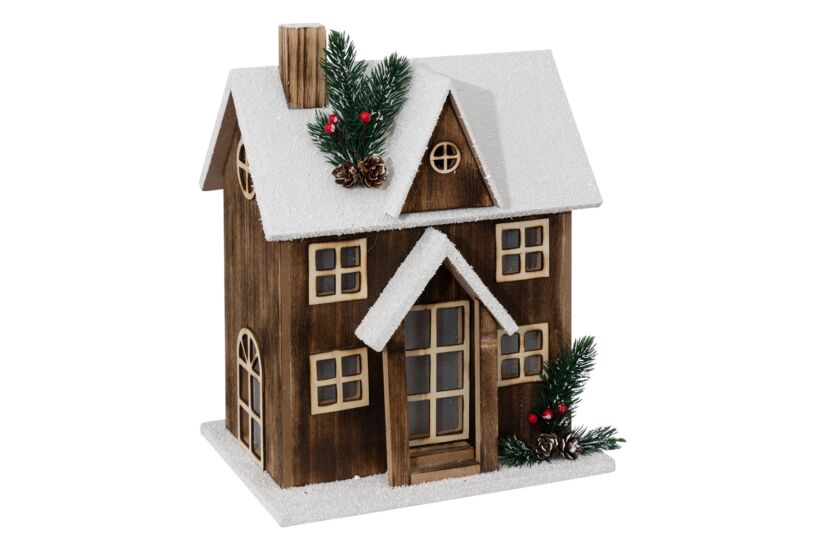 Kerstdecoratie Houten Sneeuwhuisje met LED H34cm