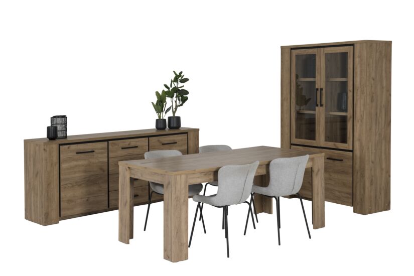Eetkamer Elio met 4 stoelen Jutta - tafel 190x90cm - dressoir 220cm - vitrinekast 133cm