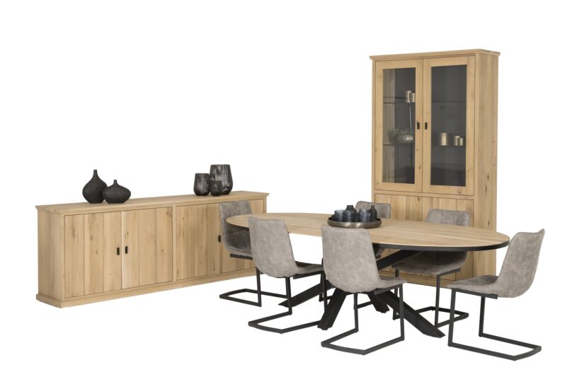 Eetkamer Grimaldi eik massief, met 4 stoelen Cloud - tafel 250x128cm - dressoir 240cm - vitrinekast 120cm