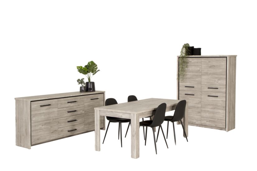 Eetkamer Elias met 4 stoelen Chuck - tafel 190x90cm - dressoir 201cm - barkast 120cm