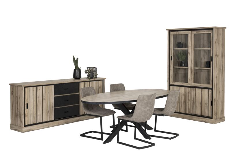Eetkamer Elena met 4 stoelen cloud - tafel 220x110cm - vitrinekast 126cm - dressoir 225cm