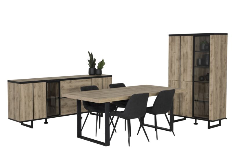 Eetkamer Samson met 4 stoelen Driss - tafel 200x100cm - dressoir 220cm - barkast 100cm